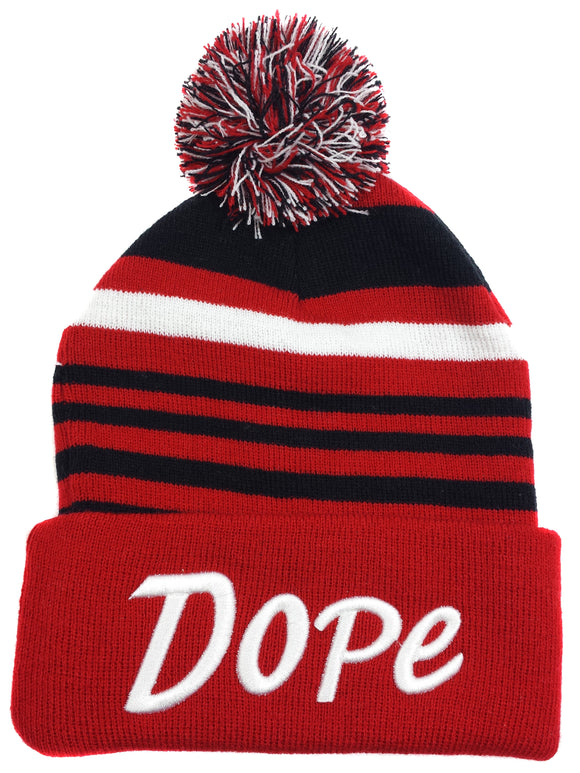 Dope Stripe Pom Knit Beanie Cap (Red)