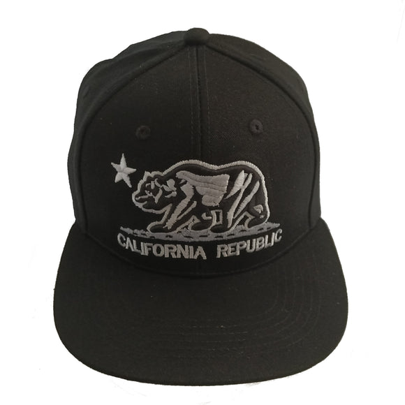 California Republic Cali Bear Embroidered Flat Bill Snapback Hat Cap (Black/White)