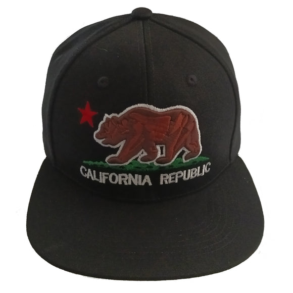 California Republic Cali Bear Embroidered Flat Bill Snapback Hat Cap (Black/Multi Color)
