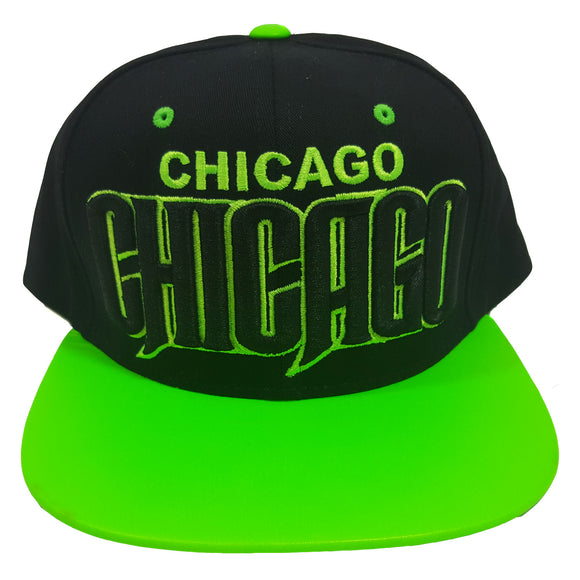 Chicago Green Neon Shadow Style Flat Bill Baseball Snapback Black Hat Cap