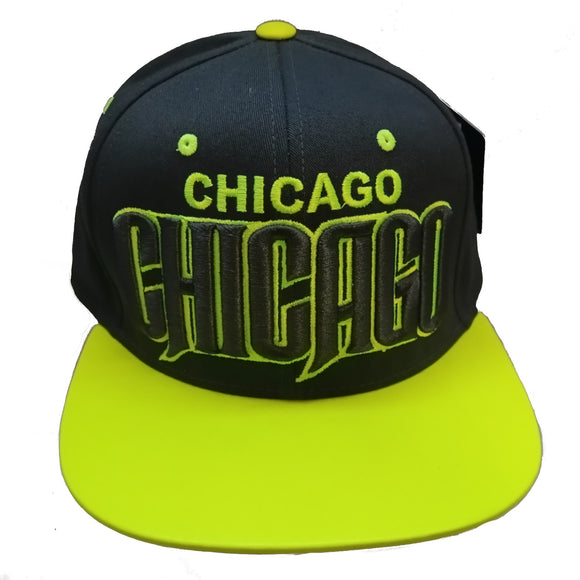 Chicago Yellow Neon Shadow Style Flat Bill Baseball Snapback Black Hat Cap