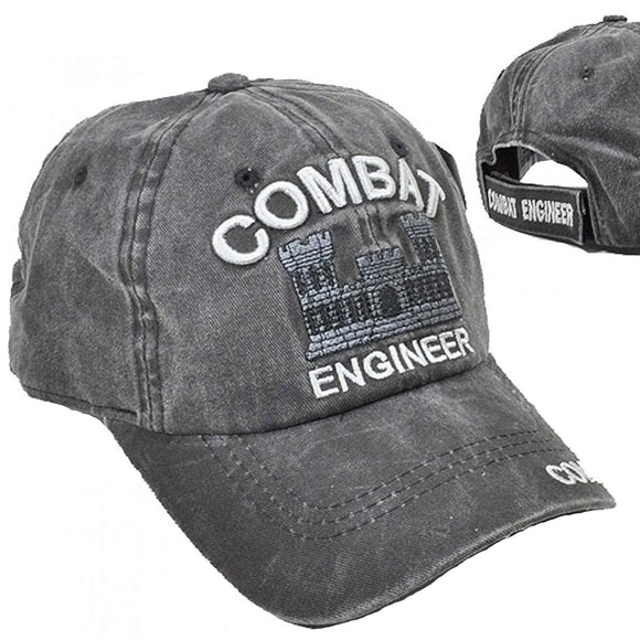US Military Combat Engineer Pigment Washed Black Adjustable Baseball Hat Cap