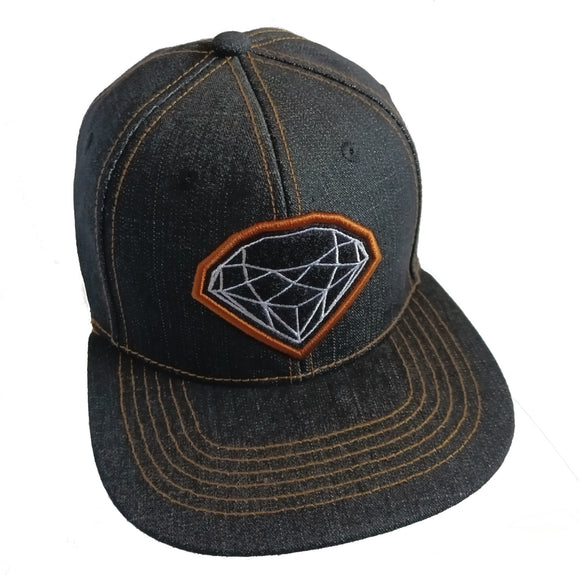Diamond Embroidered Denim Black Flat Bill Snapback Hat Cap