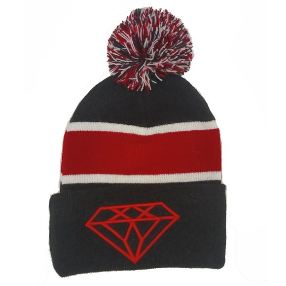 Diamond Stripe Pom Knit Beanie Cap (Black/Red)