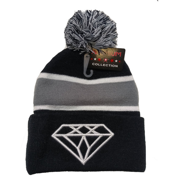 Diamond Stripe Pom Knit Beanie Cap (Black/Grey)