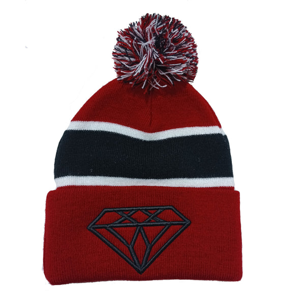 Diamond Stripe Pom Knit Beanie Cap (Red/Black)