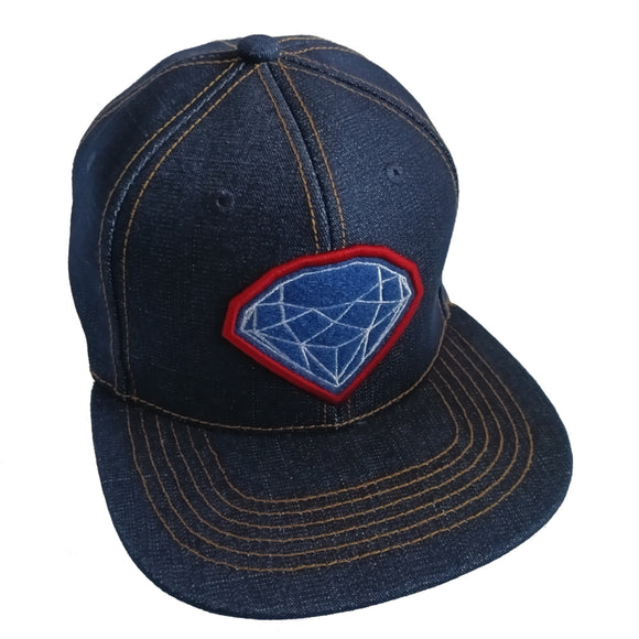 Diamond Embroidered Denim Blue Flat Bill Snapback Hat Cap