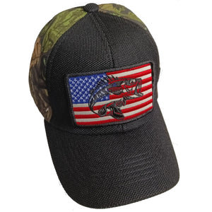 Bass Fishing USA Flag Theme Patch Trucker Hat Cap (Black/Camouflage)