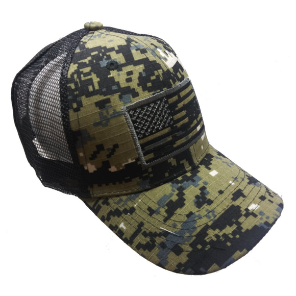 US Flag Patch Embroidered Mesh Trucker Baseball Hat Cap (Black Camouflage)