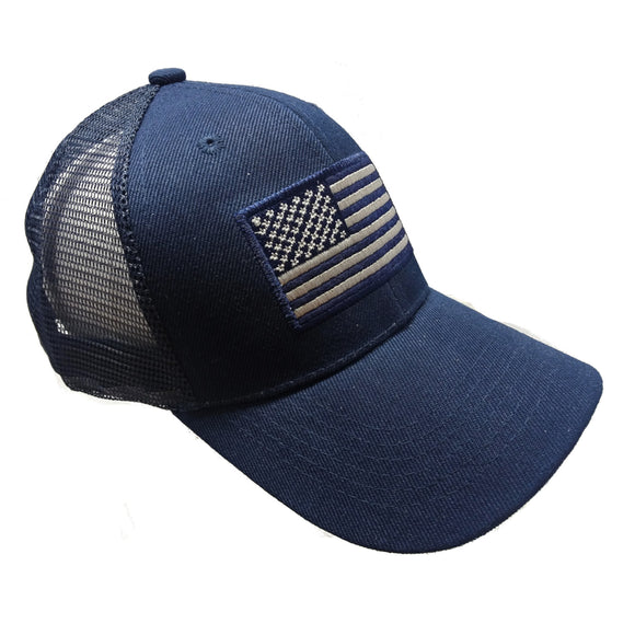US Flag Patch Embroidered Mesh Trucker Baseball Hat Cap (Navy Blue)