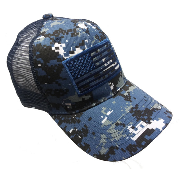US Flag Patch Embroidered Mesh Trucker Baseball Hat Cap (Navy Blue Camouflage)