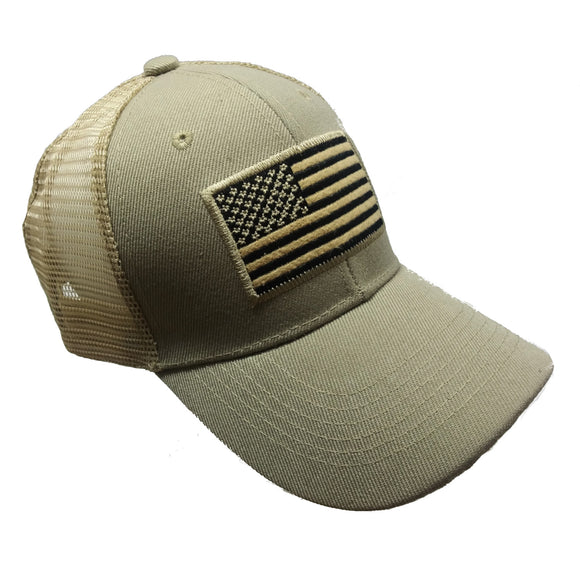 US Flag Patch Embroidered Mesh Trucker Baseball Hat Cap (Khaki)