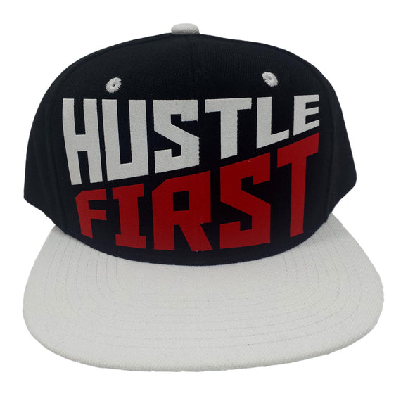 Hustle First Flock Print Style Snapback Hat Cap (Black/White)