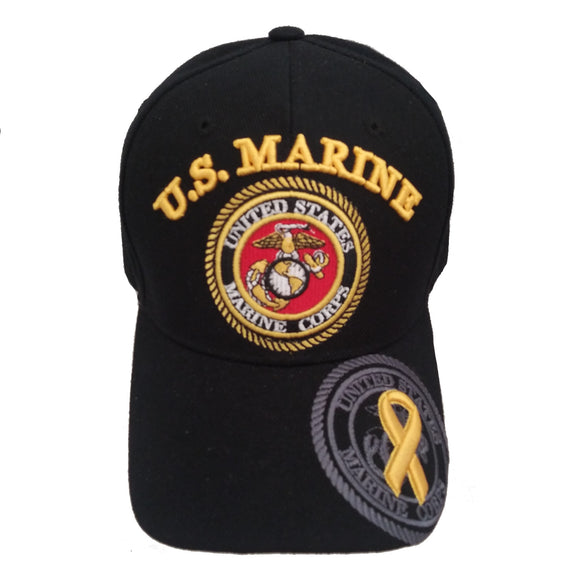 US Military Marine Corps Yellow Ribbon Brim Baseball Hat Cap (Black)