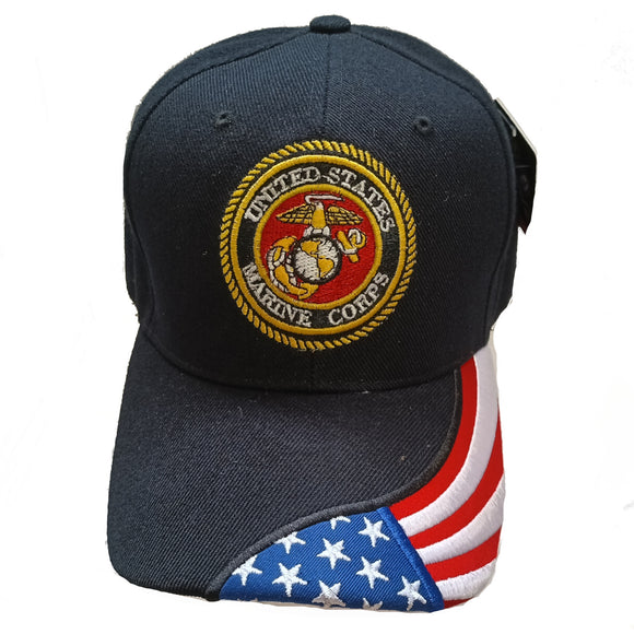 US Military Marine Corps American Flag on Brim Baseball Hat Cap (Black)