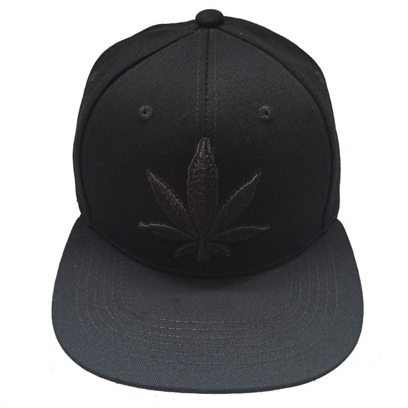 Cannabis Marijuana Leaf Embroidered Black Shadow Flat Bill Snapback Hat Cap
