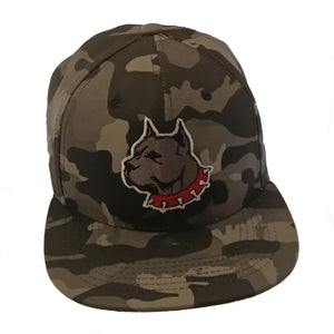 PIt Bull Face Embroidered Black Camouflage Flat Bill Snapback Hat Cap