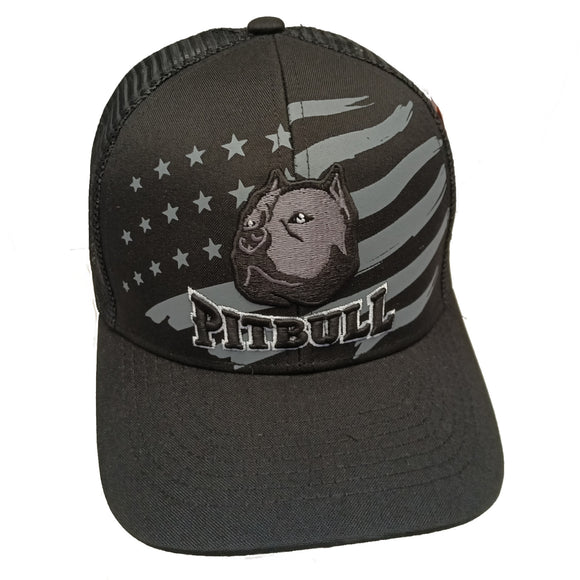 Pit Bull Face US Flag Theme Embroidered Trucker Baseball Hat Cap (Black)