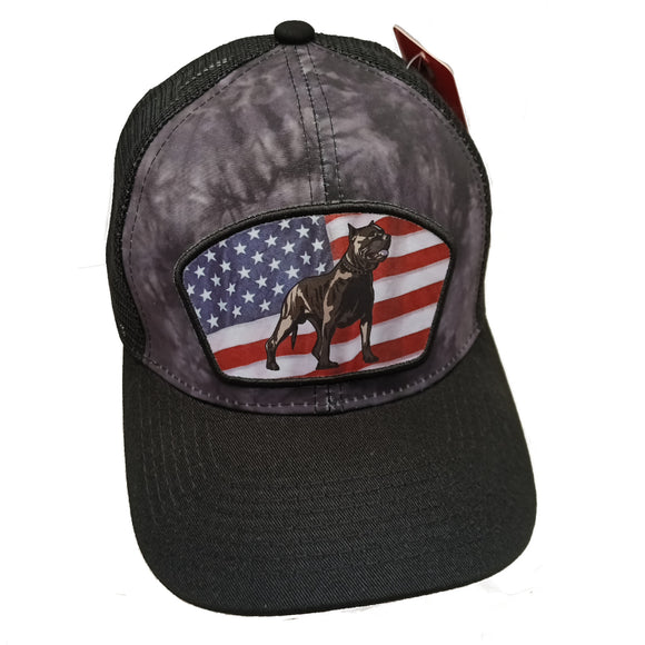 Pit Bull Dog US Flag Theme Embroidered Trucker Baseball Hat Cap (Black)
