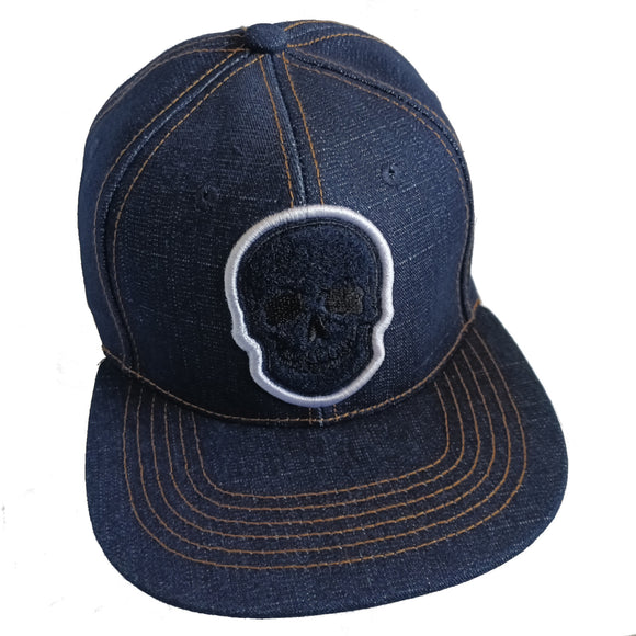 Skull Head Embroidered Denim Blue Flat Bill Snapback Hat Cap