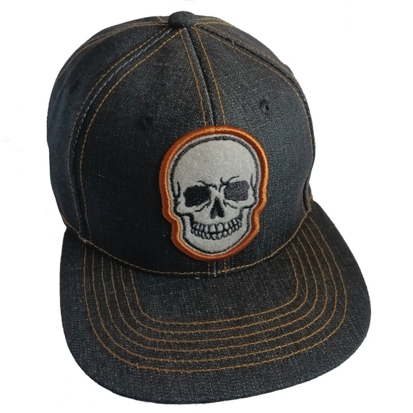 Skull Head Embroidered Denim Black Flat Bill Snapback Hat Cap