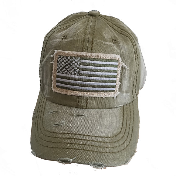 US Flag Vintage Distressed Pigment Baseball Hat Cap (Olive)