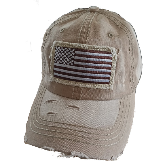 US Flag Vintage Distressed Pigment Baseball Hat Cap (Khaki)