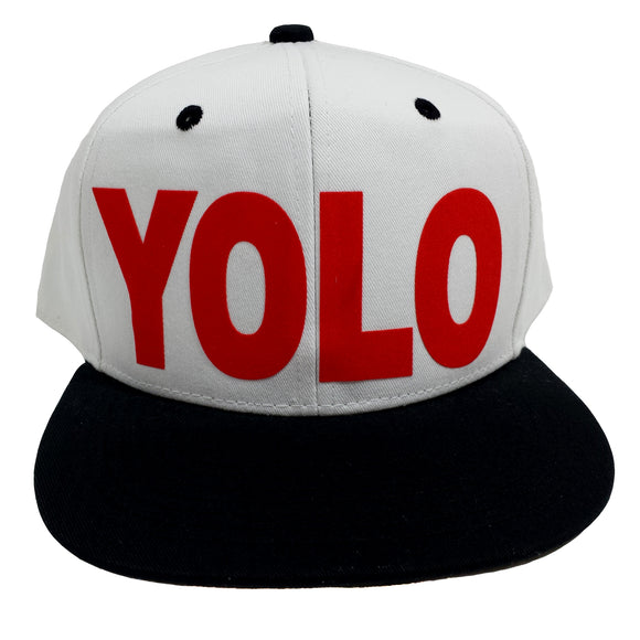 YOLO Flock Print Style Snapback Hat Cap (White/Black)